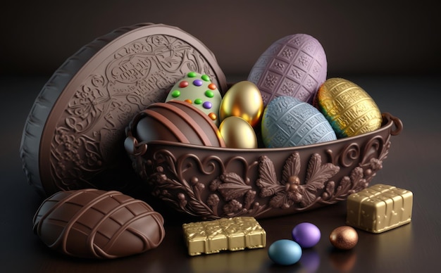 Chocolade en chocolaatjes worden uitgestald in een mand.