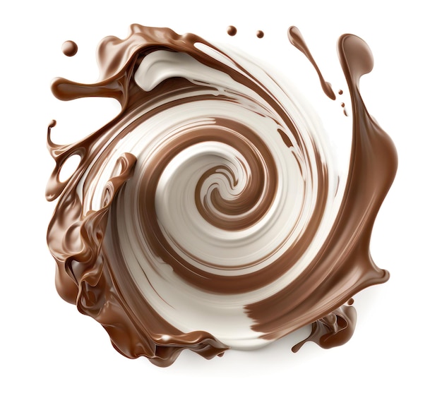 Chocolade en melk dwarrelen en spatten over witte achtergrond bovenaanzicht Generatieve AI realistische afbeelding