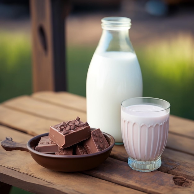 chocolade en melk op houten tafel achtergrond afbeelding afbeeldingen AI gegenereerd