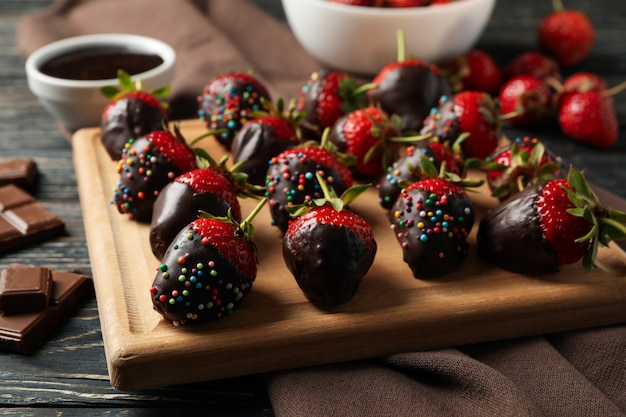 Chocolade fondue. De aardbei in chocolade op houten achtergrond, sluit omhoog