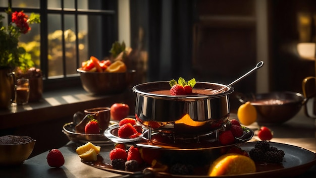 Chocolade fondue met verschillende verse vruchten en bessen