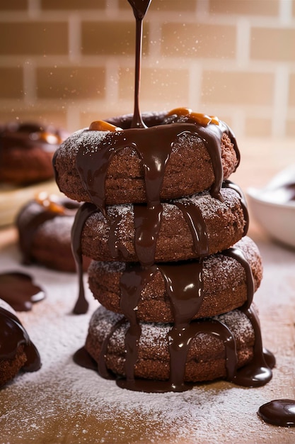 Chocolade gebakken donuts gestapeld met chocolade glazuur overvloeien