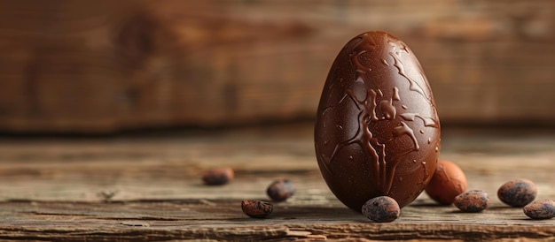 Chocolade gevulde paasei op een houten achtergrond met aandacht voor tekst