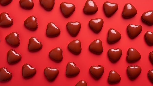 Foto chocolade hartvormige snoepjes op rode achtergrond