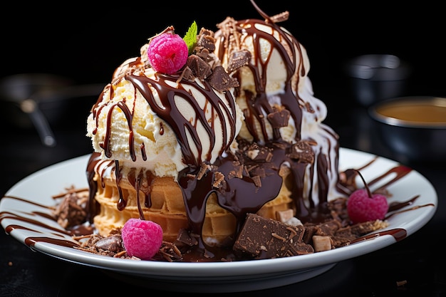 Chocolade-ijs in de hoorn met siroop en snoepgoed generatieve IA