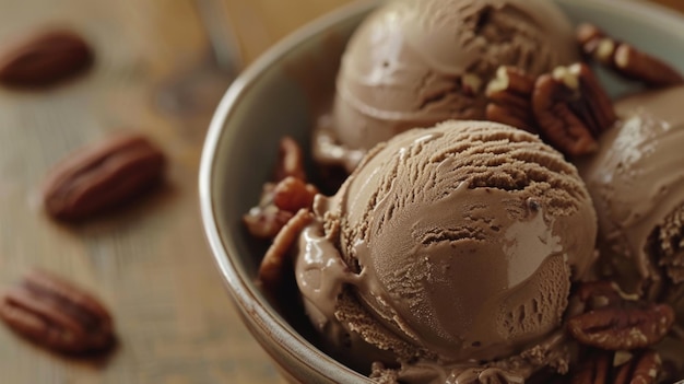 Chocolade ijs met pekantjes in een keramische schaal