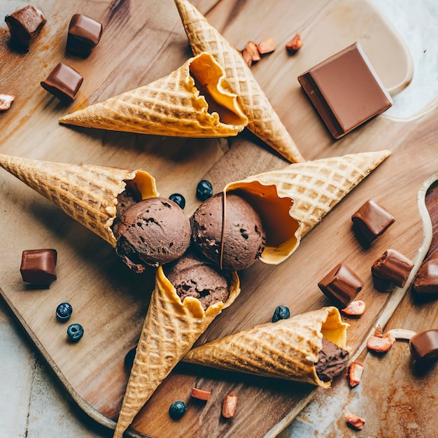 Chocolade-ijslepels in wafelkegels op een houten bord