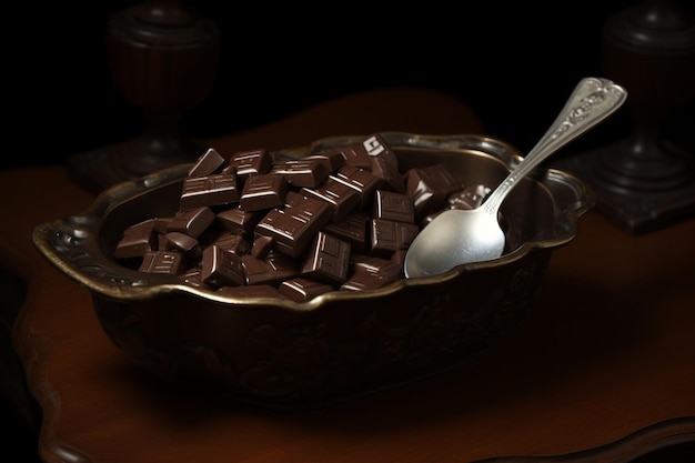 Chocolade in schotel met lepel op bruin