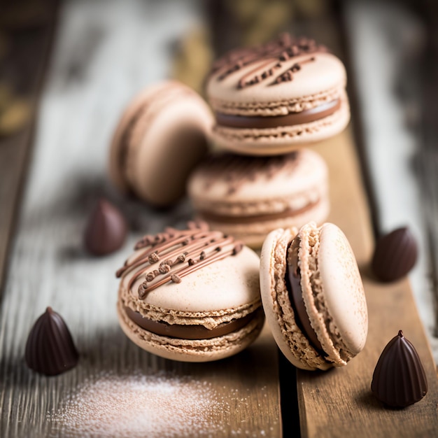 Chocolade Macarons Houten Tafel Vintage Stijl illustratie afbeeldingen