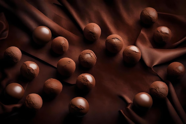 Chocolade malt ballen compositie plat leg met vrije ruimte voor kopie velvet stof achtergrond