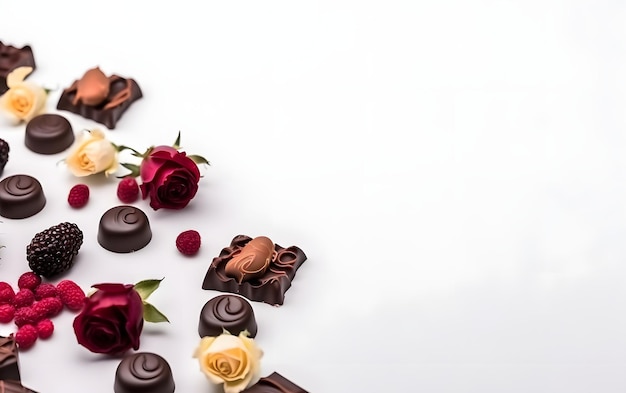 Chocolade met rozen en rozen op een witte achtergrond