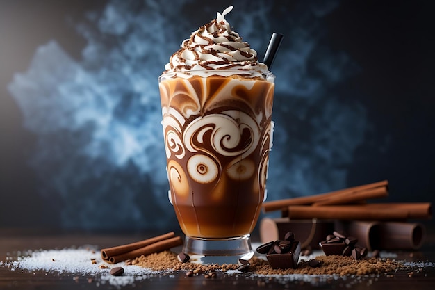 Foto chocolade milkshake met chocolade achtergrond
