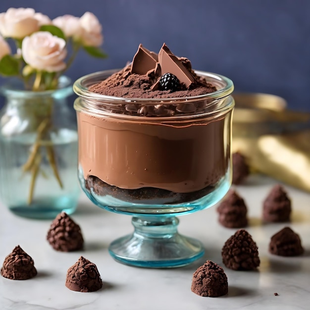 Chocolade mousse genot in een vintage glazen pot