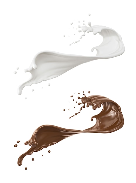 Chocolade of cacao en melk splash geïsoleerd op een witte achtergrond Inclusief uitknippad