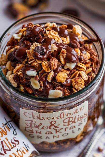 Chocolade ontbijt granola in een glazen pot