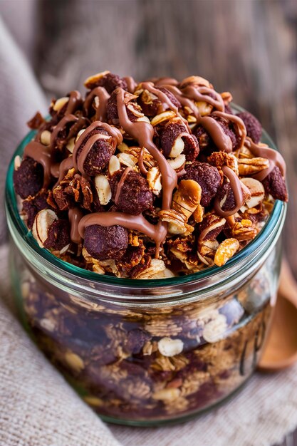 Chocolade ontbijt granola in een glazen pot