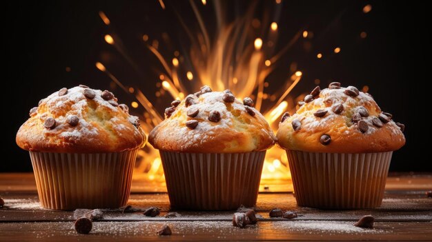 Foto chocolade op smaak gebrachte muffins op tafel met wazige achtergrond