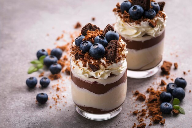 Chocolade pudding parfait moddertaart met koekje kruimels en bosbessen