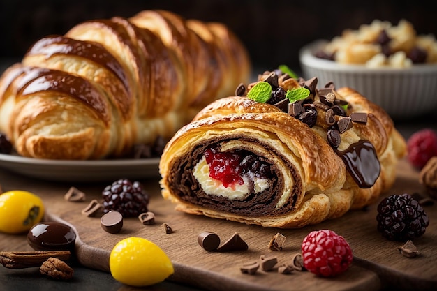 Chocolade puff pastry croissant chocolade eclair en zoete rozijnenrol