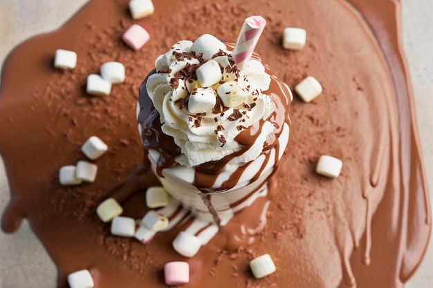 Chocolade shake met druppelende saus en marshmallows