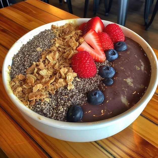 Chocolade smoothie bowl met aardbei, bosbes en granola