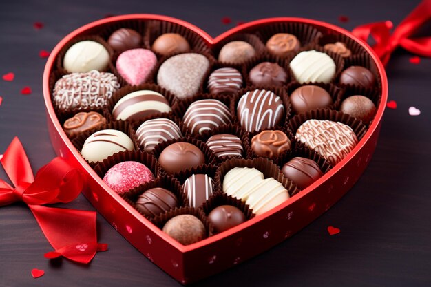 Chocolade snoepjes in een Valentijnsdag hart doos een romantische verwennerij om te delen als een paar