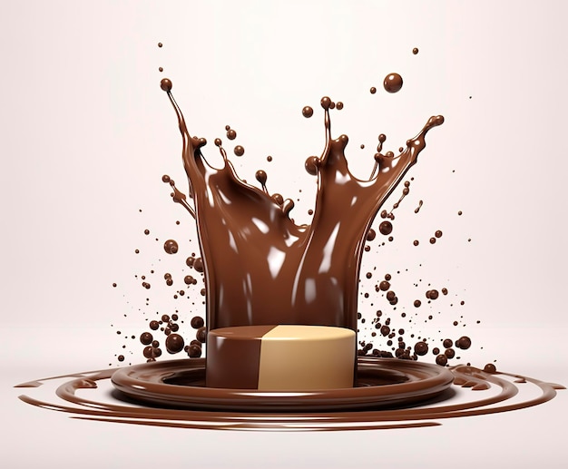 Foto chocolade splash met een podium mockup achtergrond voor melkproduct display 3d generatieve ai