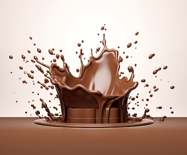 Chocolade splash met een podium mockup achtergrond voor melkproduct display 3d Generatieve AI