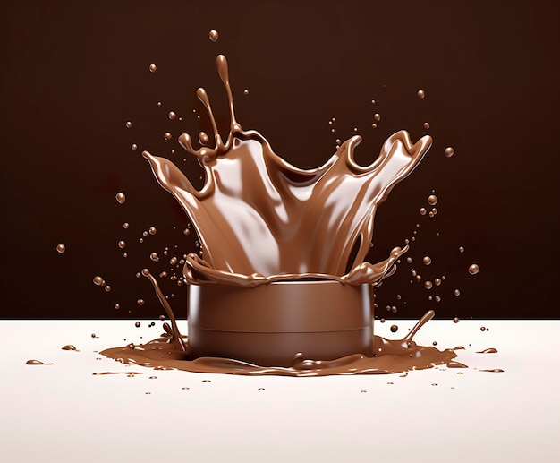 Chocolade splash met een podium mockup achtergrond voor melkproduct display 3d Generatieve AI