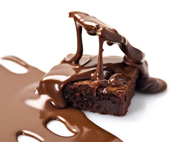 chocolade stromen op brownie geïsoleerd op witte achtergrond Generatieve AI