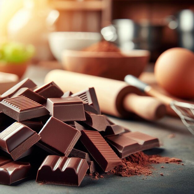 Chocolade stukjes op tafel.