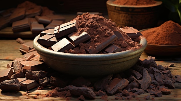 Chocolade stukken met cacao poeder in een schaal op een houten tafel Generatieve Ai