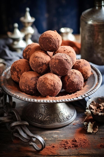 Foto chocolade truffels op een vintage metalen plaat