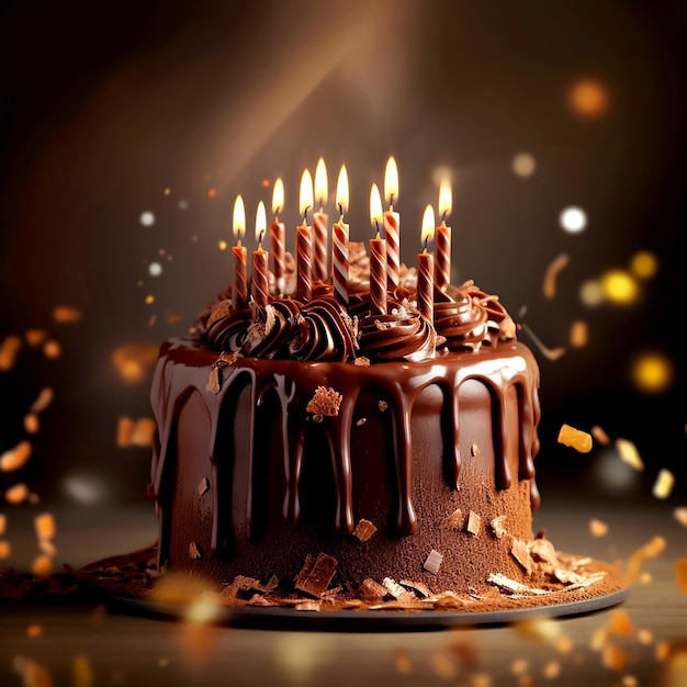 Chocolade verjaardagstaart met gloeiende kaarsen in een donker feestthema