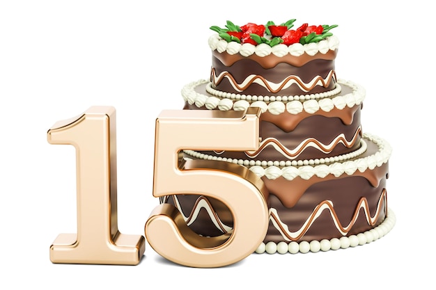 Chocolade verjaardagstaart met gouden nummer 15 3D-rendering
