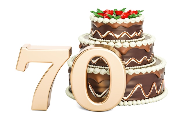Chocolade verjaardagstaart met gouden nummer 70 3D-rendering