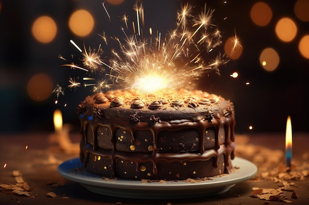 Chocolade verjaardagstaart verlicht met wonderkaarsen