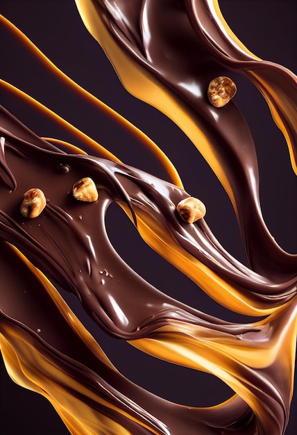 Chocolade vloeistof bewegende chocolade vormt zich tot kleine mooie pralines en chocolade spatten vloeistof rokerig geen zwaartekracht samen drijven speelse mix dynamische beweging rijke structuur Voedsel