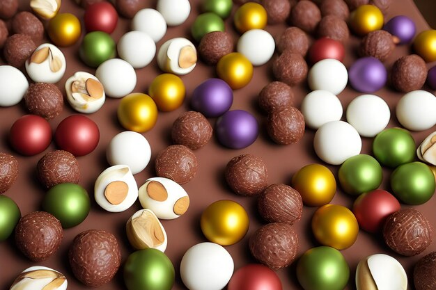 Chocoladeballen gedecoreerd in een wit bord met noten en gemalen kokosnoten en geweldige roomchocolade