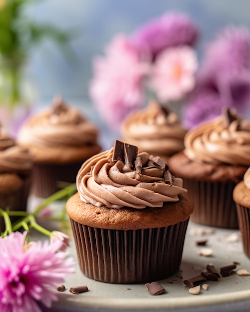 Chocoladedessert met roze bloemen