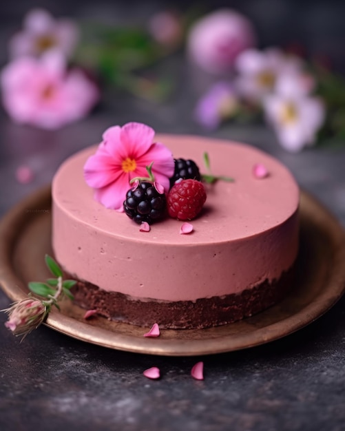 Chocoladedessert met roze bloemen