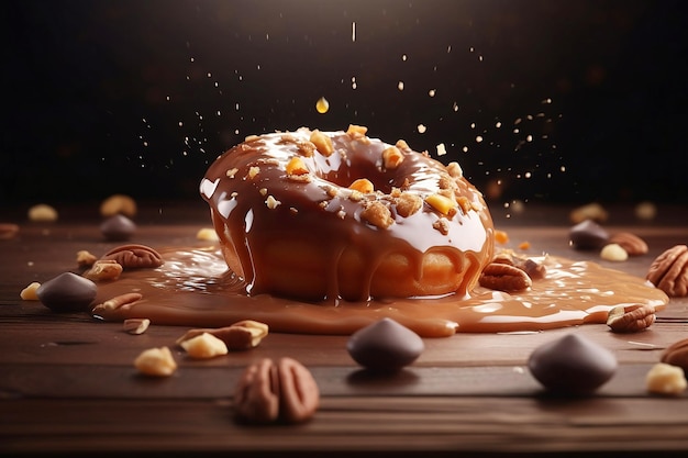 Chocoladedoughnut met honingspatten op donkere achtergrond