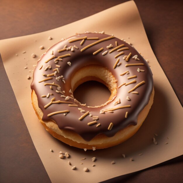 Chocoladedoughnut op papieren wikkel