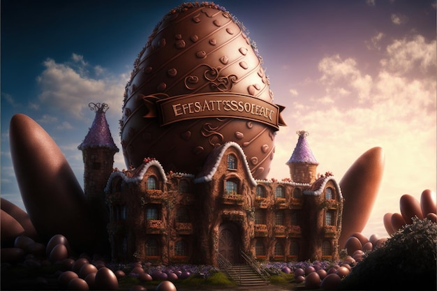Chocoladefabriek in een fantasiewereld reusachtige paaseierfabriek digitale illustratie AI