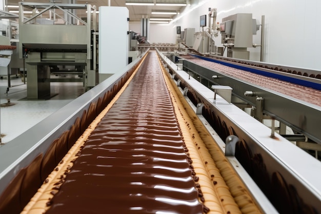 Chocoladefabriek met lopende band en productielijn die zoete lekkernijen naar de wereld brengt