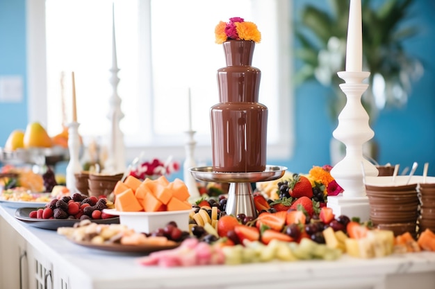 Chocoladefontein op een desserttafel met fruitspykers en snoepjes