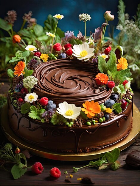 Chocoladekoek een taart waarin bloemen en planten ontstonden Zoet dessert
