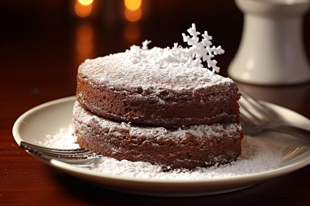 Foto chocoladekoek met een beetje suikerpoeder