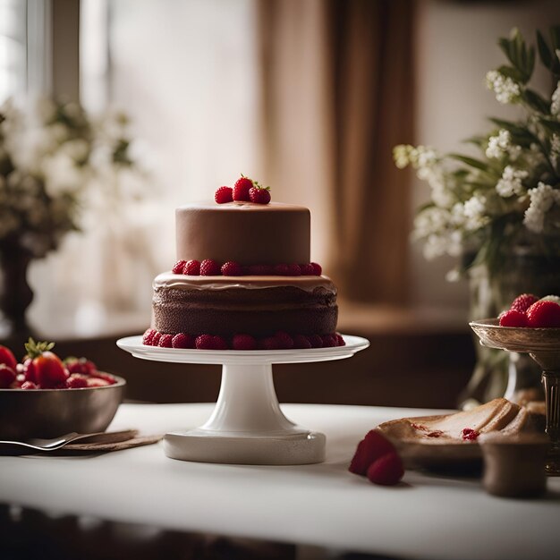 Chocoladekoek met frambozen en aardbeien op een witte plank