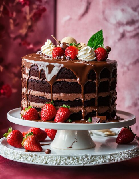 Chocoladekoek met slagroom en vers fruit op een donkere achtergrond